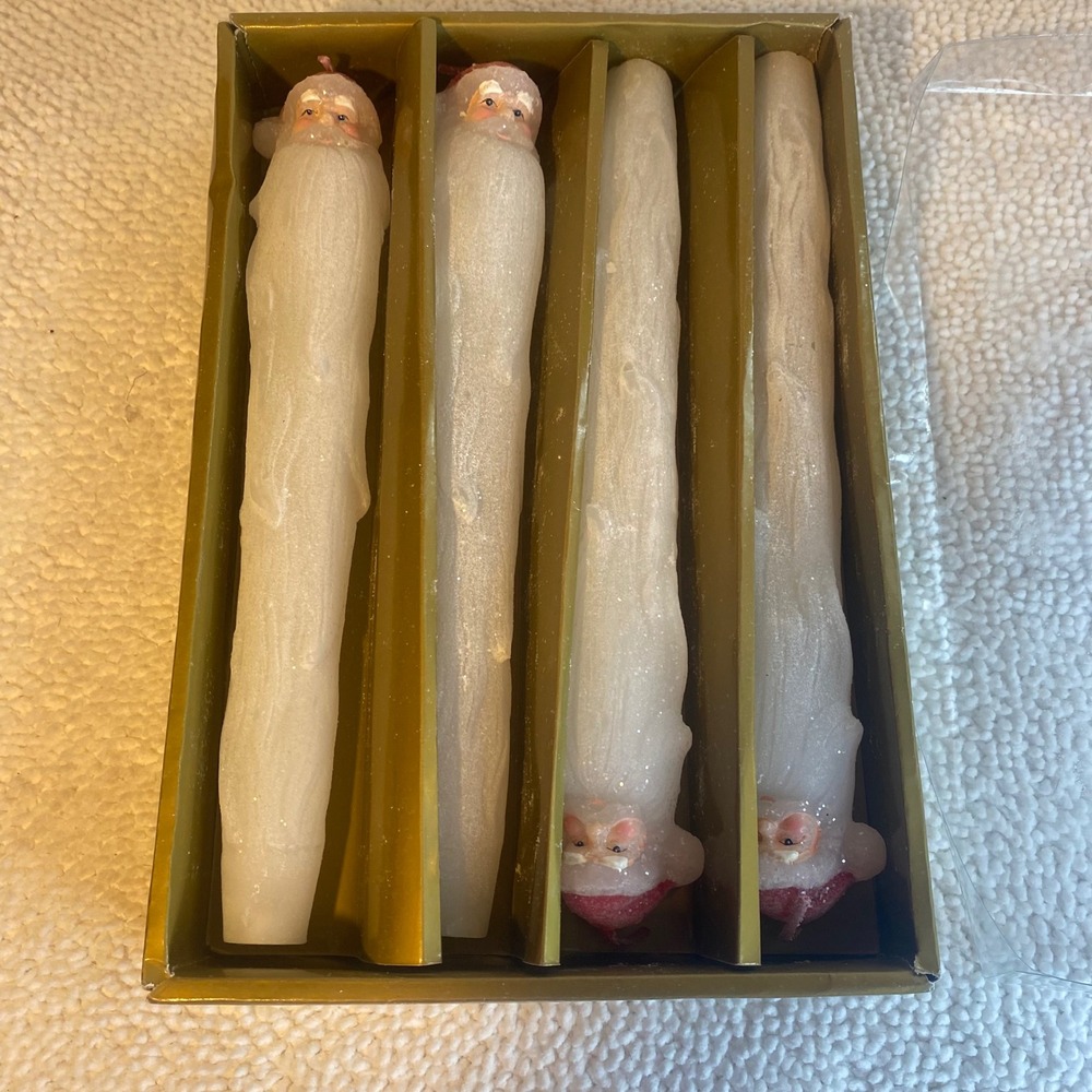 Vintage Santa Claus Taper Candles Set of 4 White Frosted Glitter Christmas